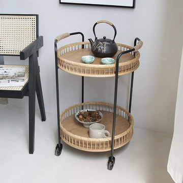 Modern Side Table Rattan Bar Cart with Rolling Foot Woven Side Table-Richsoul-End & Side Tables,Furniture,Living Room Furniture